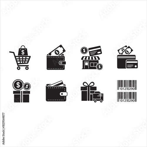 Shopping Icons Silhouette | Cart, Trolley, Wallet, Card, Store, Money, Gift, Delivery & Barcode Vector Set