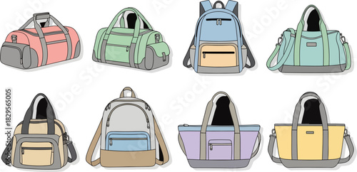 Colorful Travel Backpacks Set in Various Styles and Colors