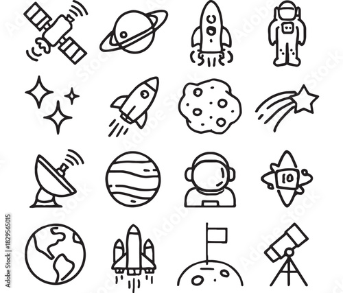 a collection of space themed line art icons including planets rockets astronauts and satellites on transparent background silhouette high quality professional detailed modern elegant stylish clean
