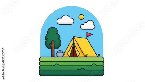 Cute cartoon illustration of a yellow camping tent set up outdoors under a blue sky with clouds and sun, featuring a green tree and cooking pot isolated on transparent background