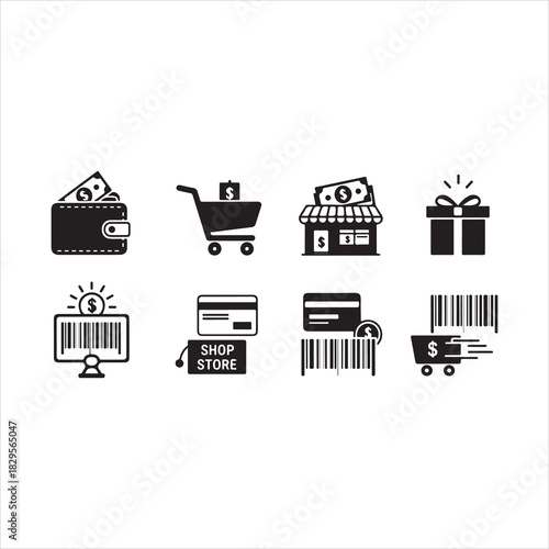 Shopping Icons Silhouette | Cart, Trolley, Wallet, Card, Store, Money, Gift, Delivery & Barcode Vector Set