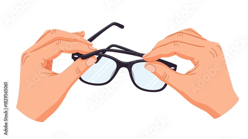 Illustration showing human hands holding prescription eyeglasses, representing vision care, optical health, and clarity