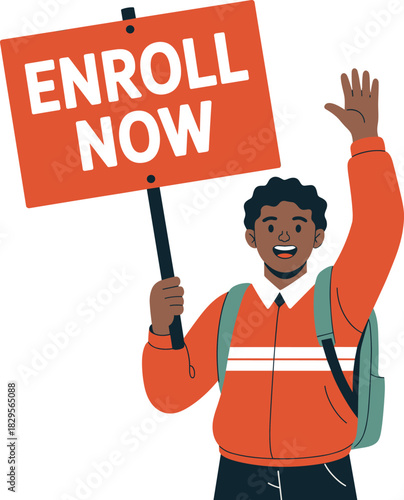 Enthusiastic young student holding an orange sign encouraging enrollment with a friendly wave