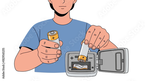 Close-up of a person's hands carefully inserting new batteries into an electronic device for continuous power and operation