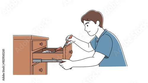 Diligent man carefully sorts through a cluttered drawer, organizing various hand tools for upcoming home improvement tasks or everyday fixes