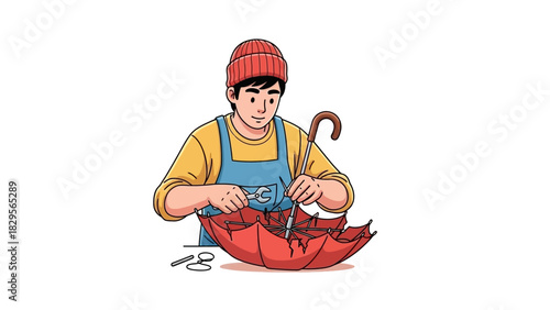 Skilled craftsman diligently repairs a broken red umbrella, offering a reliable maintenance service for household items and outdoor gear