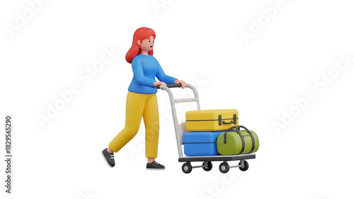3d character woman pushing luggage cart full of travel bag and suitcase isolated on transparent background