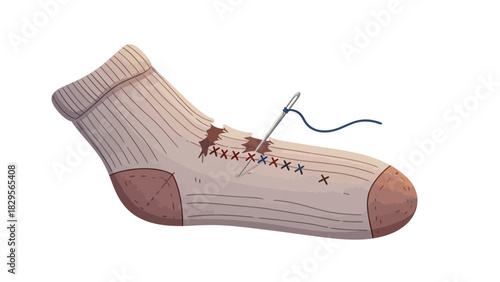 Illustration of a mended sock with needle and thread, symbolizing repair and care