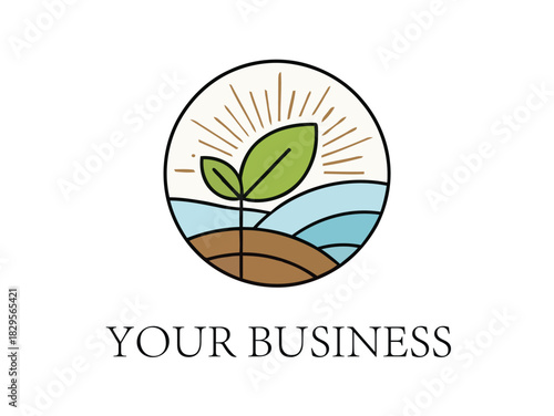 Organic Business Logo A Simple Design Featuring a Growing Plant, Sunburst, and Landscape