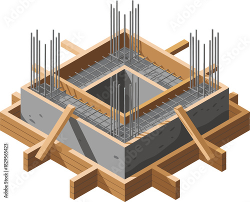 Reinforced concrete foundation formwork with rebar for building construction support structure