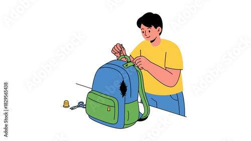 Person repairing a backpack with needle and thread at desk with keys