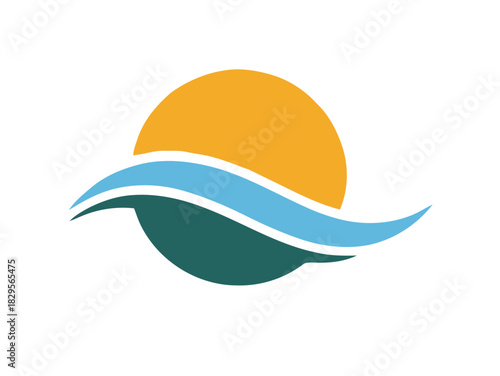 Minimalist graphic logo with a golden sun and flowing blue ocean waves symbolizing a tropical vacation or coastal tranquility