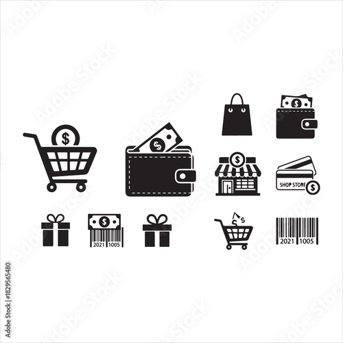 Shopping Icons Silhouette | Cart, Trolley, Wallet, Card, Store, Money, Gift, Delivery & Barcode Vector Set