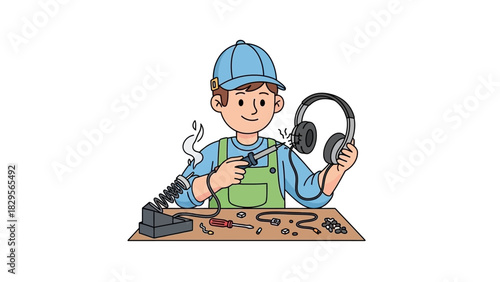 Enthusiastic young boy focused on electronic repair, skillfully soldering wires to headphones on a workbench, showcasing a hands-on hobby