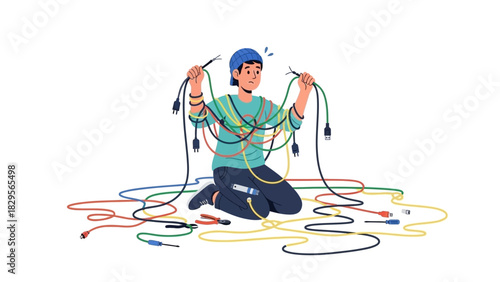 Person tangled in colorful cords trying to find a solution to the mess, confused and overwhelmed
