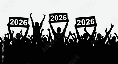 Silhouetted crowd holding signs with the year 2026, celebrating or protesting.
