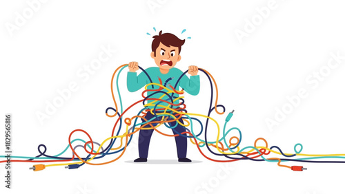 Frustrated Man Tangled in Colorful Wires, Symbolizing Technical Difficulties and Confusion