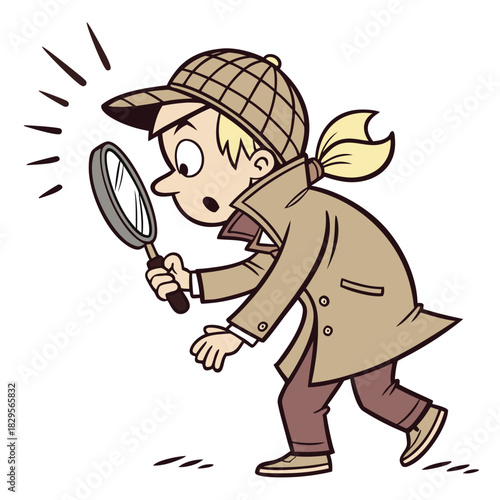 Cartoon child detective with blonde ponytail wearing a trench coat and deerstalker hat, looking through a magnifying glass with a surprised expression.