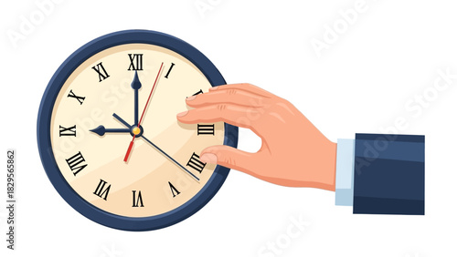 Clock management illustration with hand adjusting time for scheduling work and deadlines