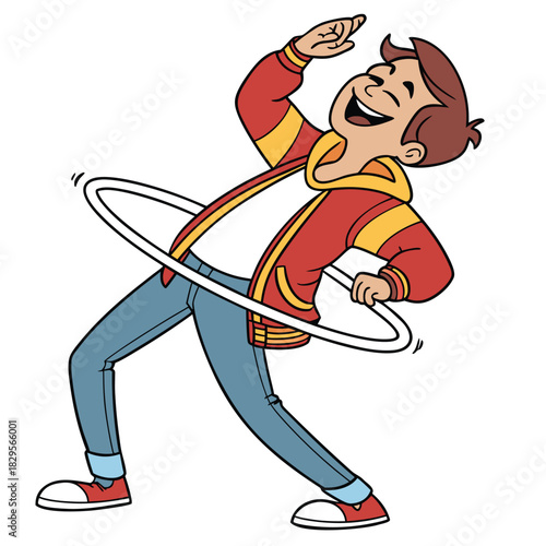 A happy cartoon boy in a red jacket and blue jeans laughing while hula hooping with a white hoop.