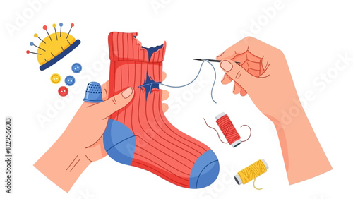 Hands skillfully mending a worn sock with needle and thread, showcasing a creative repair craft and sustainable textile care