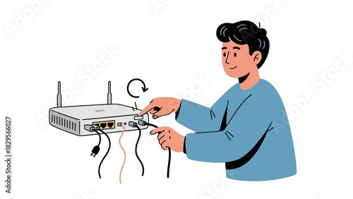 Man connecting cables to a wireless router, setting up a network connection for internet