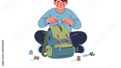 A focused young man sits cross-legged on the floor, carefully mending his green travel backpack with a needle and thread illustration