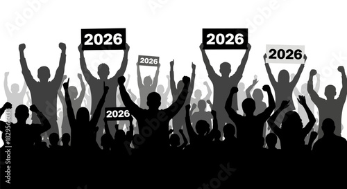 Silhouetted crowd holding signs with the year 2026, celebrating or protesting.