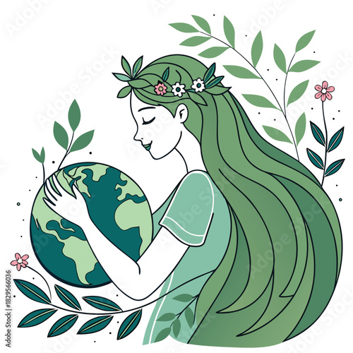 Illustration of a woman with green hair embracing the Earth, surrounded by lush foliage and flowers, symbolizing nature and environmental care.