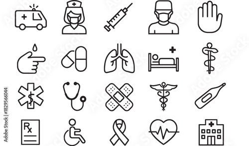 a collection of medical icons including ambulance doctor syringe lungs heart and hand perfect for healthcare designs on transparent background silhouette high quality professional detailed modern
