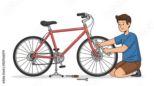 Man Repairing Bicycle Wheel - Bike Maintenance and Adjustment Illustration