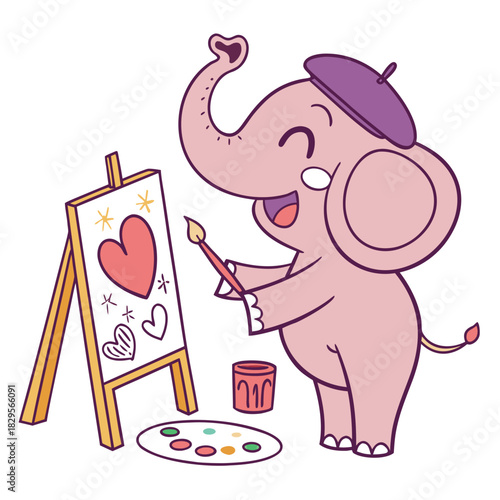 A cute pink cartoon elephant artist wearing a beret, happily painting a heart on an easel with a brush and palette.