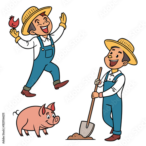 Two happy cartoon farmers, one holding a chicken and the other digging, with a smiling pink pig nearby, depicting farm life.