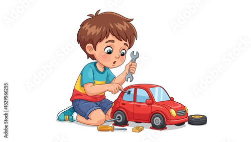 Young child playing mechanic, fixing a small red automobile with a wrench. Isolated vector graphic of a boy and his toy
