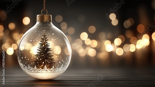 Warm-lit golden Xmas orb: delicate openwork & lit mini pine, creamy bokeh backdrop, delivers holiday warmth