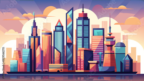 Very beautiful simplified skyline artwork showing modern high-rise silhouettes, clean geometric forms, and a balanced horizon line, presenting a contemporary cityscape ideal for posters, icons, and 