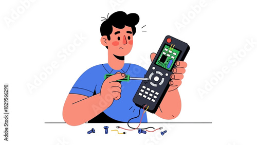 Man Repairing Broken Remote Control with Screwdriver, Electronic Repair Concept