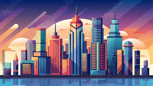 Very beautiful simplified skyline artwork showing modern high-rise silhouettes, clean geometric forms, and a balanced horizon line, presenting a contemporary cityscape ideal for posters, icons, and 