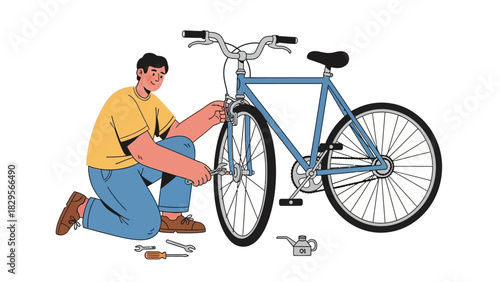 Young man fixing the brakes on his bicycle with a wrench. Do-it-yourself bike repair and maintenance concept illustration