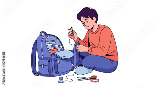 Young person fixing a backpack with sewing kit, scissors, and thread nearby