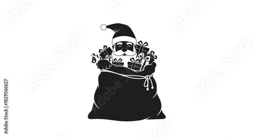 Silhouette of Santa Claus carrying a sack full of gifts, festive holiday season illustration.