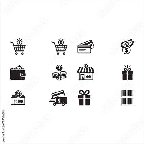 Shopping Icons Silhouette | Cart, Trolley, Wallet, Card, Store, Money, Gift, Delivery & Barcode Vector Set