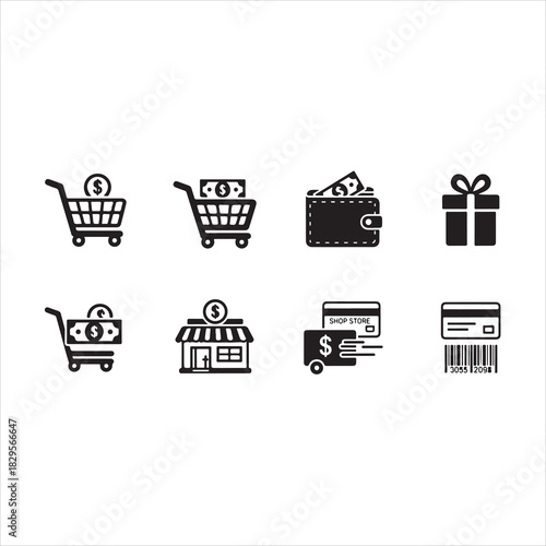Shopping Icons Silhouette | Cart, Trolley, Wallet, Card, Store, Money, Gift, Delivery & Barcode Vector Set