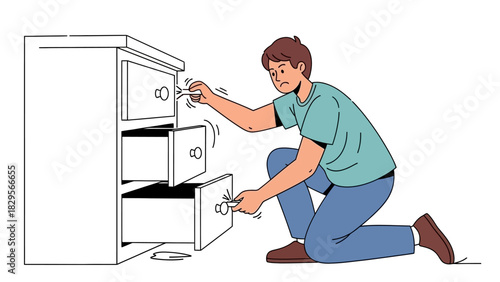 Man struggling to open a dresser drawer with frustration, the concept of organization problems