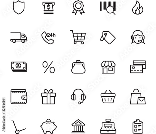 a collection of diverse line icons depicting security finance retail and support services presented in a minimalistic style on transparent background silhouette high quality professional detailed