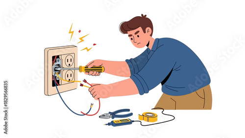 Electrician Repairing Outlet with Screwdriver in Home Setting Illustration