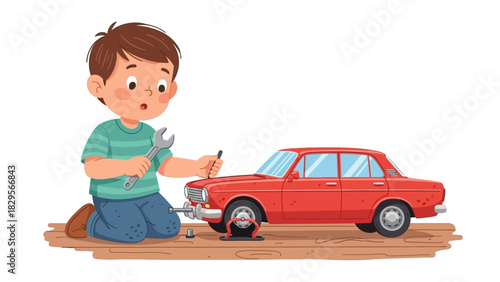 Young Mechanic A Boy Fixing a Red Car with a Wrench and Screwdriver on a White Background