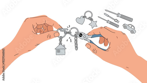 Hands with pliers carefully mending a broken link on a sentimental keychain with charms