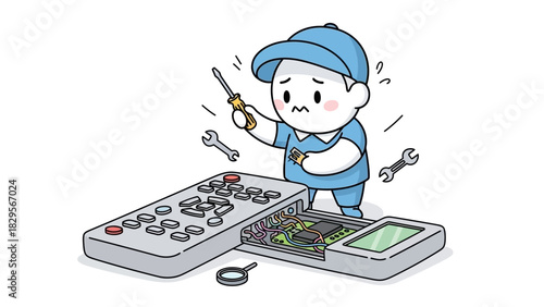 Repairing a Broken Remote Control Cartoon Man with Tools Vector Illustration