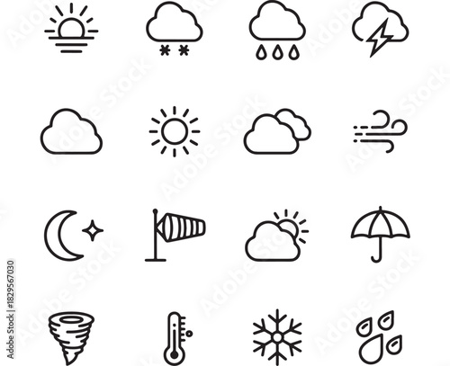 a collection of simple black line weather icons depicting various atmospheric conditions including sun clouds rain snow and wind silhouette on transparent background high quality professional
